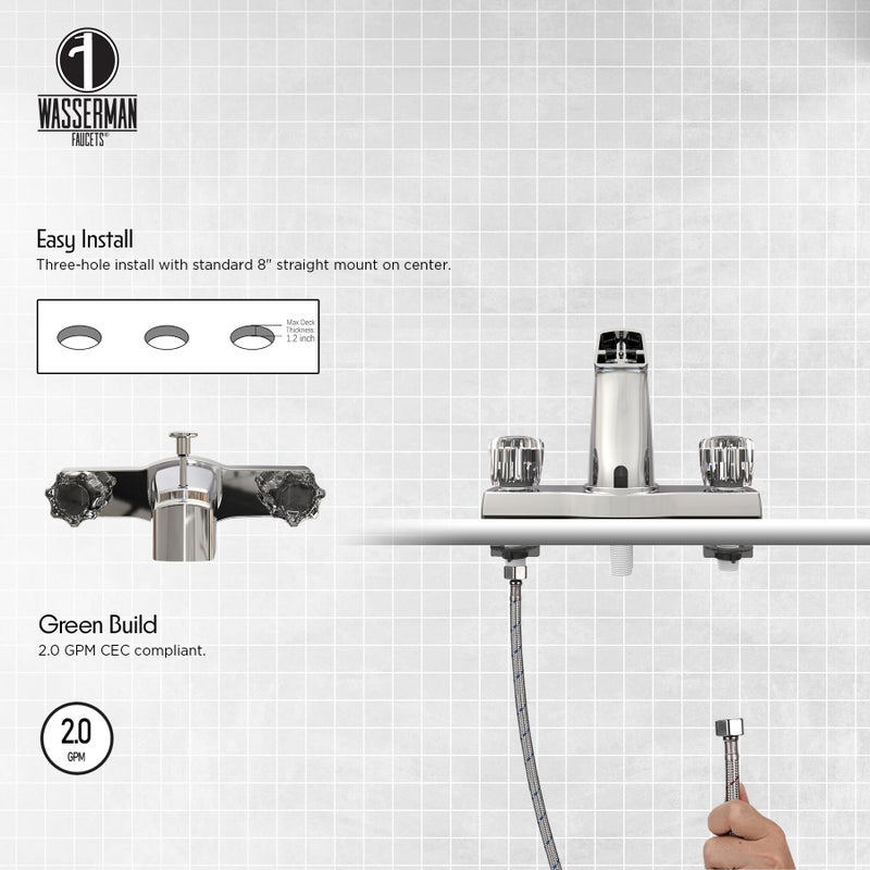 Wasserman Faucets Wasserman Offset Mobile Home Tub Faucet spout, 8 inch Tub Spout with Diverter, Double Handle Shower Faucet, Chrome, 3 Hole, Bathtub Faucet for Mobile Home, Trailer House, Campers, Motorhome - Image 2